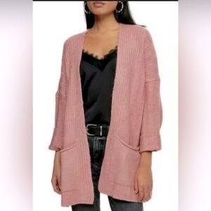 NWT Topshop Long Cardigan Sweater Slouchy Ribbed-Knit Pockets Pink Sz Large 12